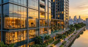 A picturesque riverfront skyline in District 9, Singapore at golden hour with contemporary luxury condominiums reflecting in calm waters, modern architectural lines, lush walkways along the river, and a vibrant yet serene urban backdrop, high-resolution real estate photography.