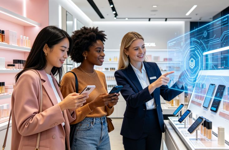 consumers at a beauty store using digital tokens to purchase